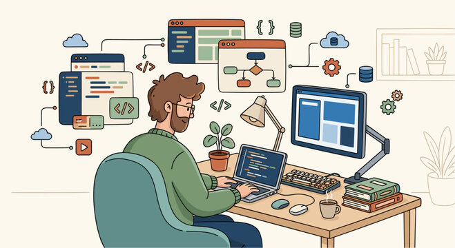 Software Developer Working on Laptop for Website Coding and Backend System Development Illustration