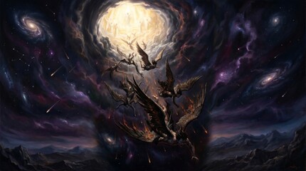 Fototapeta premium Fallen angels descending from heaven into darkness. Group of man falling with wings from bright glowing portal in starry space. Religious fantasy art scene depicting divine judgment.