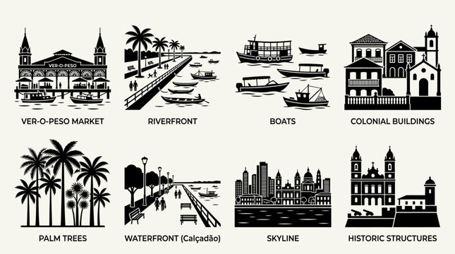 Ver-o-Peso Market Vector Icons Riverfront Boats Colonial Buildings Palm Trees Waterfront Skyline Historic Structures Brazil Architecture Design Collection