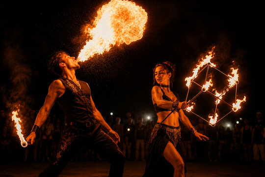Fire performers breathing fire and dancing at night show