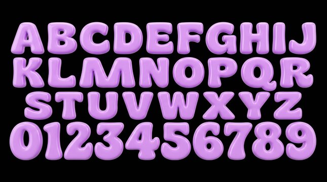 3D lilac plastic font. Bold bubble typescript. Y2K alphabet. Groovy light purple letters. Three-dimensional round typeface isolated on black background