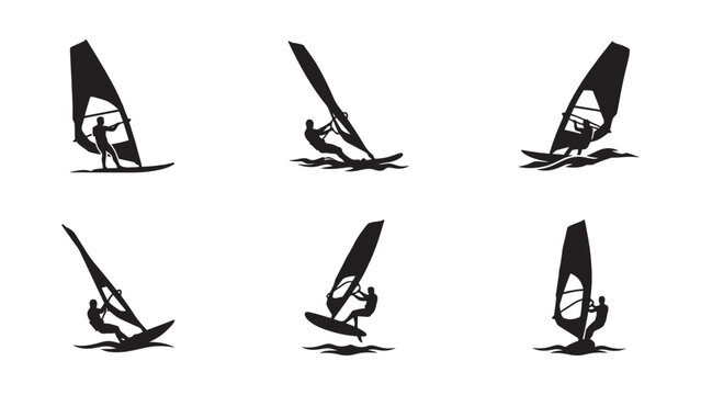 Collection of six black windsurfing silhouettes on white background.