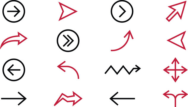 Minimalist arrow vector icon set featuring thin black and red line pointers circles curves chevrons zigzags and directional navigation elements