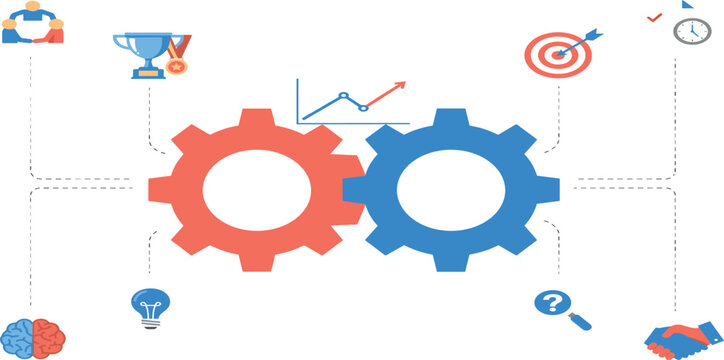 Business operations mechanism infographic banner with interlocking gears growth chart target trophy and teamwork icons flat vector illustration
