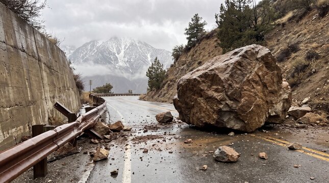 Large boulder on a wet road with guardrails and debris scattered around, snow-capped mountains in the background under a cloudy sky