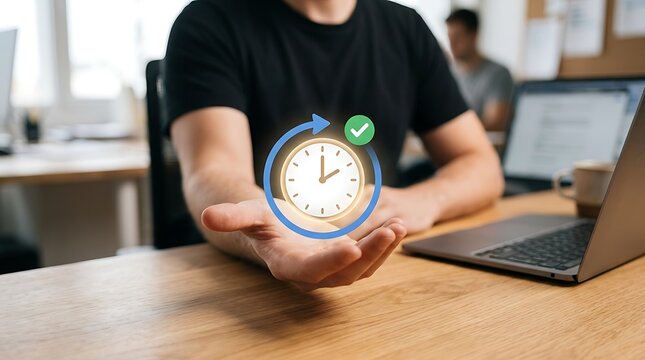 Close-up of a person holding a digital clock with a green checkmark, symbolizing time management and productivity in a modern office
