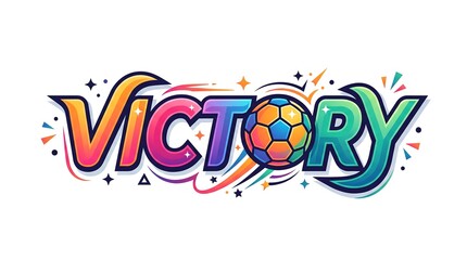 Fototapeta premium Colorful typography design with the word 'VICTORY' and a soccer ball integrated into the letter 'O', surrounded by dynamic lines and geometric shapes on a white background