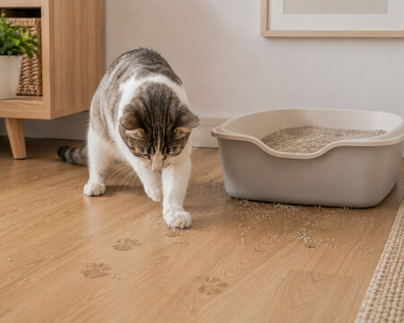 Cat leaving litter box with dirty paw prints on floor