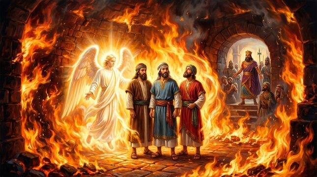 Angel protecting three men in a fiery furnace. Biblical scene of Shadrach, Meshach and Abednego surviving flames. Miracle from book of Daniel in Old Testament faith and religion.
