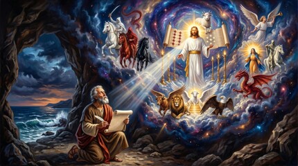 Fototapeta premium Prophet writing book of Revelation in cave vision. Jesus Christ holding scroll with seven seals surrounded by four living creatures and angel. Biblical prophecy and spiritual art concept.