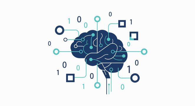 AI cardiology diagnosis illustration shows brain with binary code connections