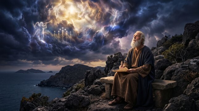 Old man prophet writing holy revelation on scroll. Vision of heaven with angels and throne in dramatic dark sky above rocky cliff. Religious scene depicting biblical inspiration.