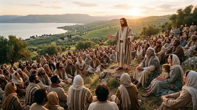 Jesus teaching a large crowd of people on a hillside near lake. Biblical scene depicting sermon on the mount. Spiritual gathering of man, woman and child. Ancient history religion.