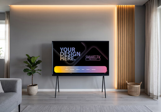Large Smart Tv Mockup on tall metal legs in living room with wooden wall