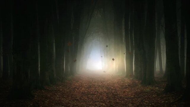 Eerie Light Shines Through Dark Forest Trees Creating a Mysterious Woodland Path Atmosphere