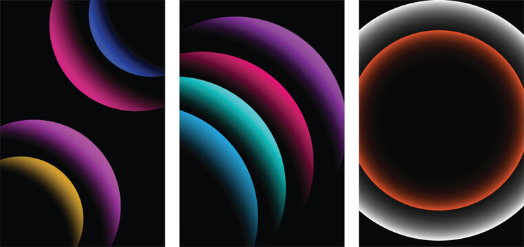 Abstract triptych background with vibrant neon gradient circles on a deep black backdrop design