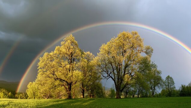 Lush green meadow with vibrant double rainbows arching over majestic trees