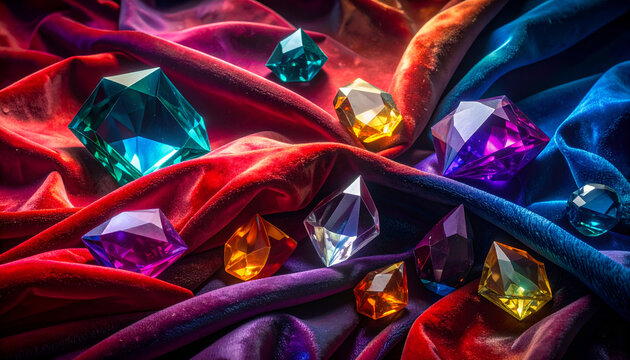 Vibrant Assortment of Faceted Gemstones on Luxurious Velvet Fabric.