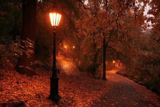 Warm lamplight illuminates a leaf-strewn path in a misty autumn forest
