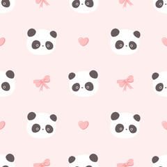 Fototapeta premium Sweet panda face seamless pattern, cute bear with pink heart and bow background for nursery wallpaper