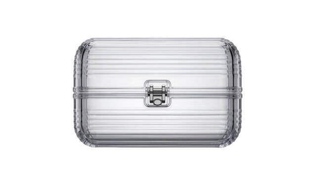 Clear plastic organizer box with ribbed texture and metal clasp
