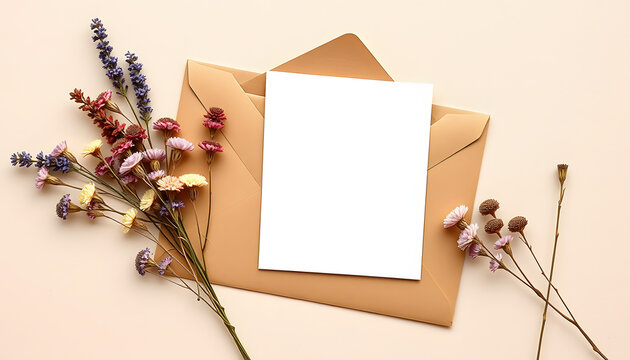 Blank greeting card invitation Mockup 5x7 on Brown envelope with dried flowers on beige background, flat lay, mockup, dinamic scene. White tone