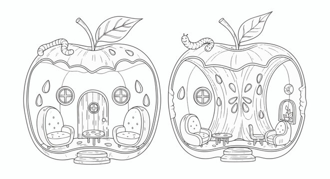 Black and white line art illustration featuring two cross-section interior views of a whimsical apple core house with furniture, armchairs, a wooden door, and a worm on the fruit.
