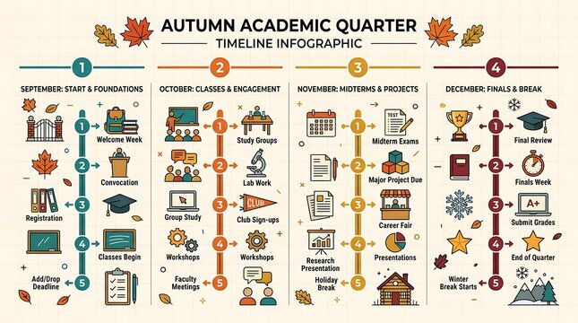 The autumn academic quarter timeline infographic showcases a student's journey through orientation, classes, midterms, finals, and winter break with various icons.