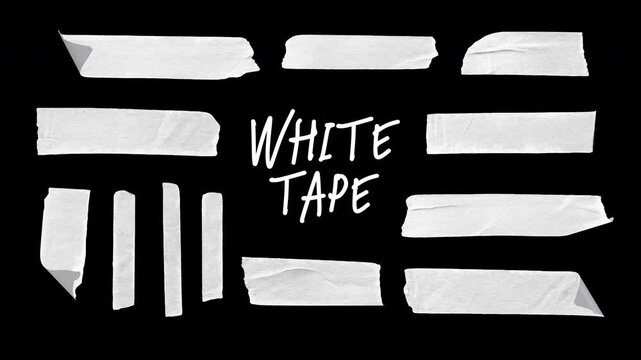 Animated white tape sticker pack &mdash; peel and stick in motion, masking tape, scrapbook, journal, text placeholder, in animation, transparent background, alpha channel