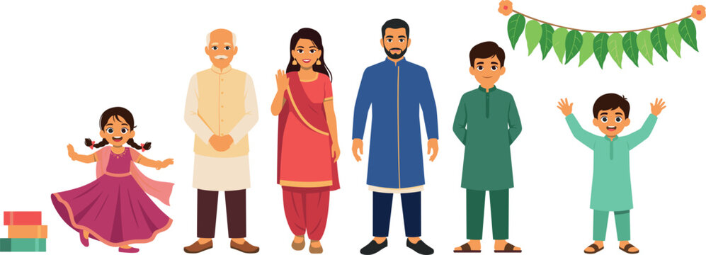 PrintHappy Indian Family Character Collection with Toran Hanging Garland Decoration for Traditional Festival Celebration Web and Mobile App Vector Graphic Illustrations
