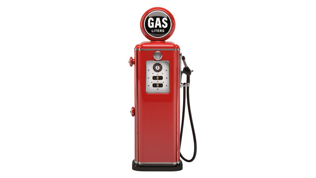 Vintage red gas pump with liters sign and hose