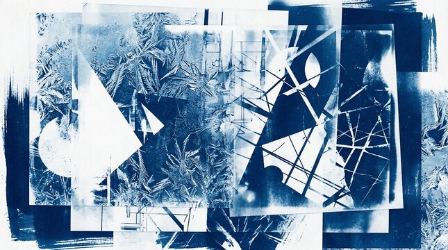 Abstract cyanotype collage background with frosted patterns and geometric shapes
