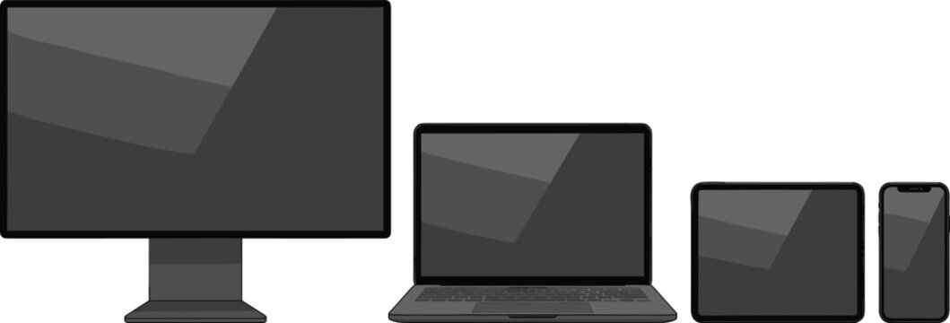 Responsive digital devices mockup vector illustration set featuring desktop computer monitor open laptop screen tablet and modern smartphone isolated icons