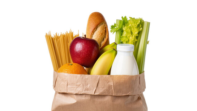 Brown paper grocery bag filled with fresh food items