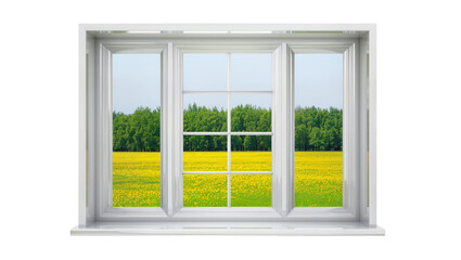 Fototapeta premium White casement window overlooking a yellow flower field and green forest