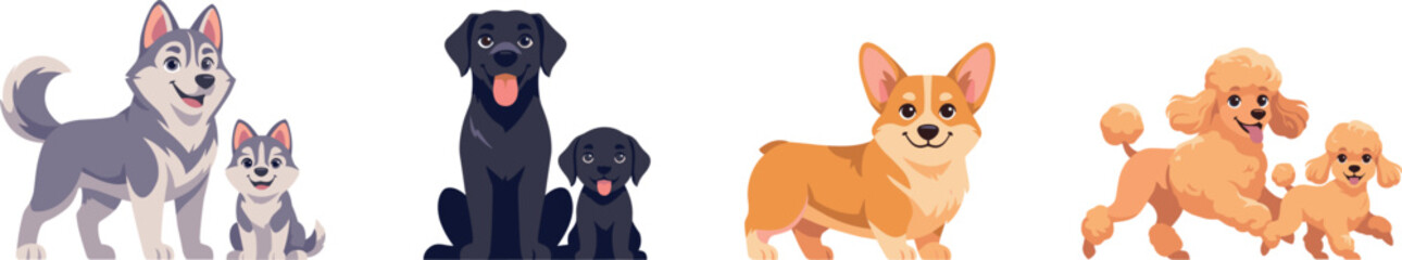 PrintCute Cartoon Dog Breeds and Puppies Vector Set Featuring Siberian Husky Black Labrador Retriever Corgi and Poodle for Pet Parenting Care Graphic Illustrations © Mdnur