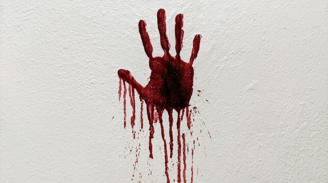 Bloody Handprint Dripping Down a White Wall.