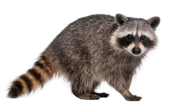 Raccoon with striped tail standing on white