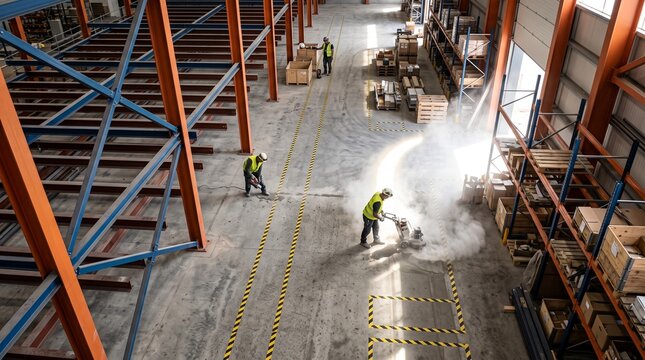 Warehouse maintenance workers cleaning concrete floor in industrial warehouse with pallet racks