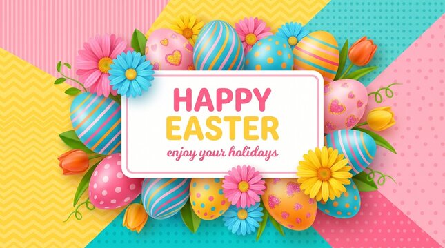 Happy easter holiday greeting card with colorful eggs and flowers
