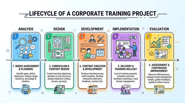 Corporate training project lifecycle stages illustrated in colorful infographic