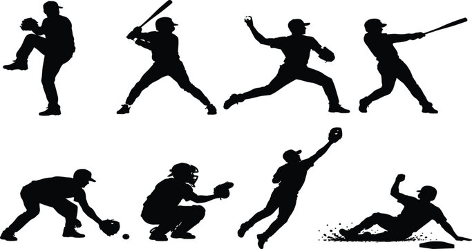 Baseball Player Athlete Silhouette Vector Icon Set Featuring Dynamic Hitting Swings Pitching Throws Catcher Poses and Running Actions for Sports Graphic Designs