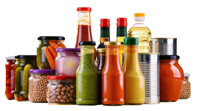 Assorted jars and bottles of pickles sauces oil, and canned goods
