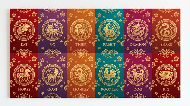 Chinese zodiac signs set with 12 animals isolated on white background