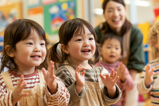 保育園で先生やお友達と一緒に歌いながら手を叩く日本人の幼児たち