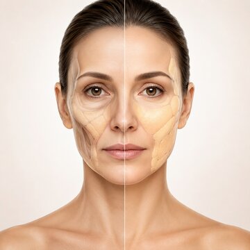 Middle-aged woman face showing detailed skin layers and facial anatomy illustration