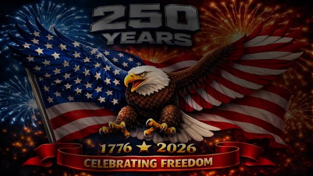 United States 250 Years Semiquincentennial Celebration Video with American Bald Eagle, Waving US Flag, Colorful Fireworks, Ribbon Banner 1776-2026 Celebrating Freedom Independence Day Loop Stock Video