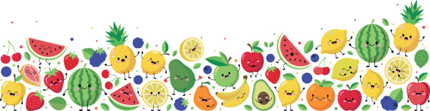 Cute cartoon fruits horizontal border pattern with smiling characters including watermelon pineapple strawberry avocado and apple flat vector illustration