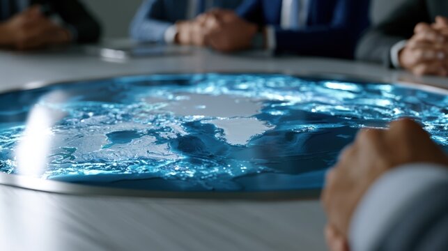 arctic shipping diplomacy, global leaders and experts discussing arctic shipping routes and geopolitics, with a modern conference table and world map projection framing diplomatic tension and