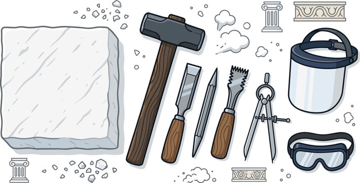 Stone carving vector illustration set featuring marble block mallet hammer chisels safety face shield goggles divider and masonry sculpture workshop tools